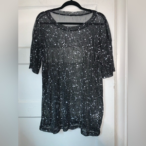 SHEIN super sheer black and silver oversized‎ metallic stars tee size medium